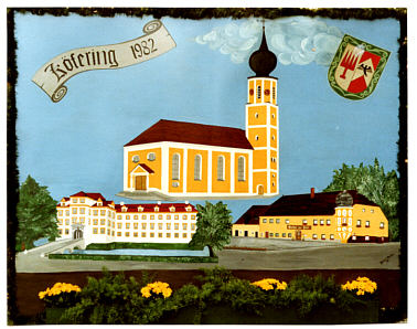 Zeichnung von Herbert Winkler, Kirche, Schloss, gasthof zur Post Köfering 